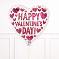 Heart-shaped Valentine's Day balloon with pink and red hearts and 'Happy Valentine's Day!' text on a white background.