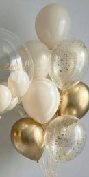 2 bunches of 10 latex balloons each (beige and gold)