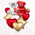 Balloon bouquet with teddy bear and heart designs on a white background