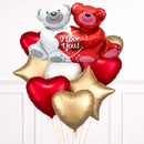 Balloon bouquet with teddy bear and heart designs on a white background