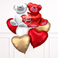 Balloon bouquet with bear and heart shapes on a white background