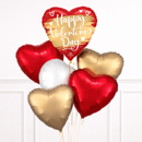 Heart-shaped balloons in red, gold, and white with a 'Happy Valentine's Day' balloon on a white background.