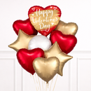 Valentine's Day balloon bouquet with red, gold, and white heart-shaped balloons on a white background.