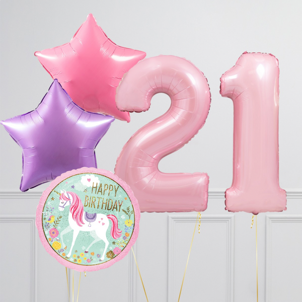 Inflated Baby Pink Pastel Unicorn Birthday Balloon Numbers