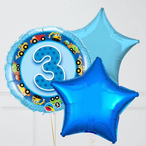 3rd Birthday Blue Car & Trucks Foil Balloon Bouquet