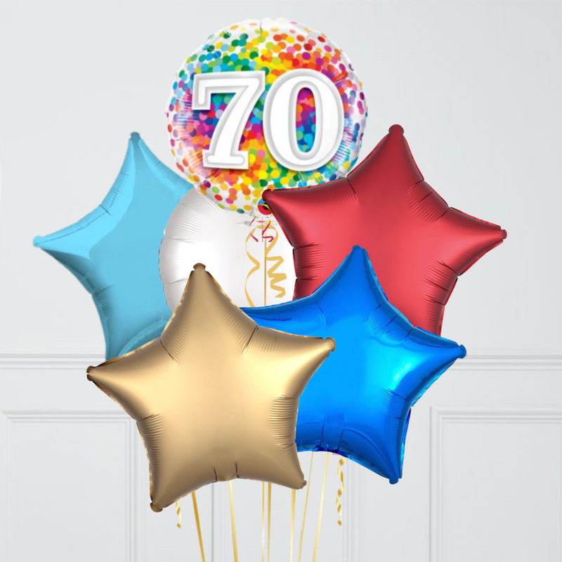 70th Birthday Rainbow Blue Confetti Inflated Foil Balloon Bouquet