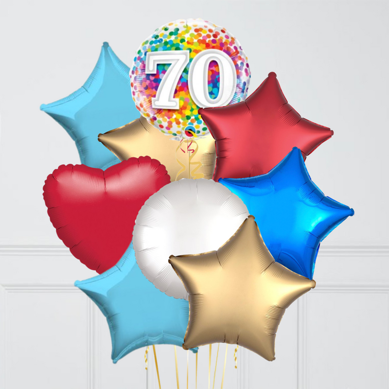 70th Birthday Rainbow Blue Confetti Inflated Foil Balloon Bouquet