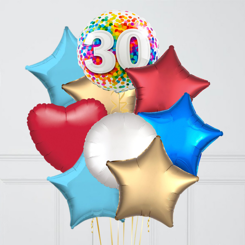 30th Birthday Rainbow Blue Confetti Inflated Foil Balloon Bouquet