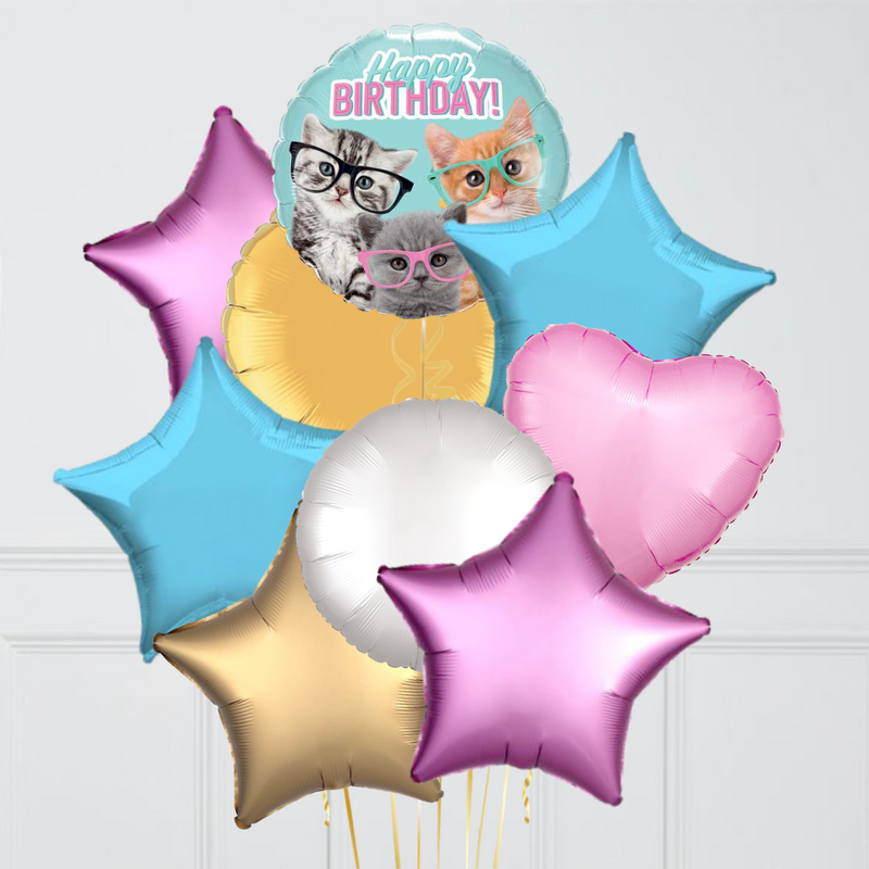 Birthday Kittens in Glasses Balloon Bouquet