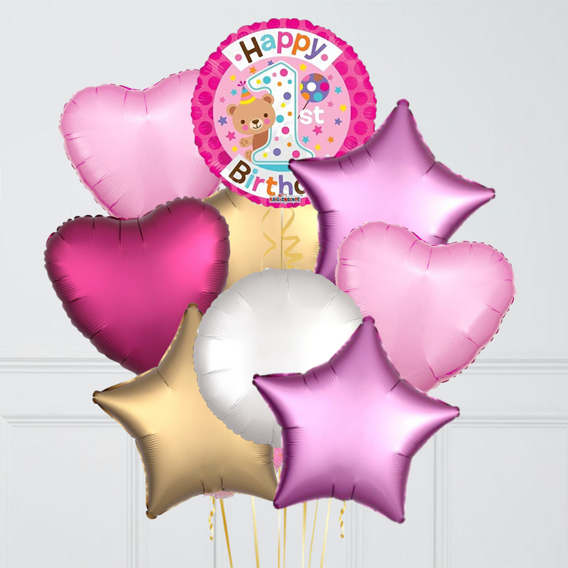 1st Birthday Pink & Teddy Foil Balloon Bouquet