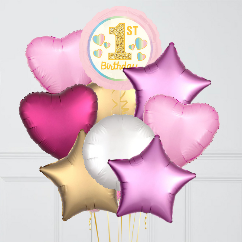 1st Birthday Pink & Gold Foil Balloon Bouquet