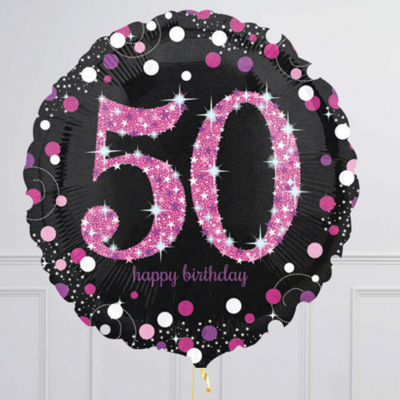 50th Birthday Pink & Black Holographic Balloon Bouquet