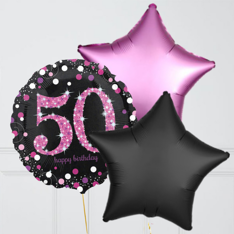 50th Birthday Pink & Black Holographic Balloon Bouquet