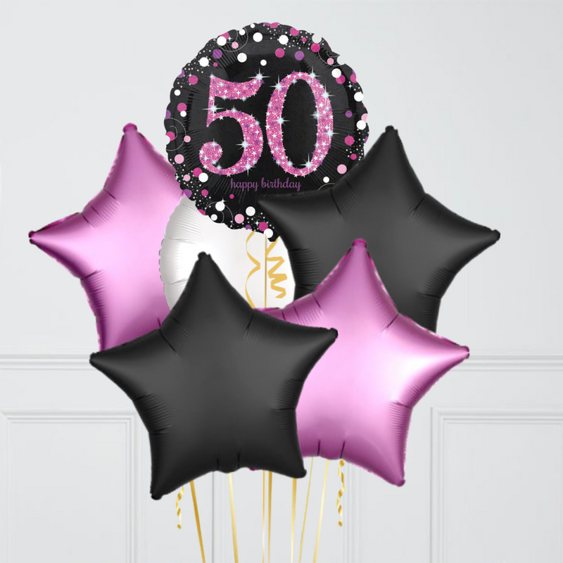 50th Birthday Pink & Black Holographic Balloon Bouquet