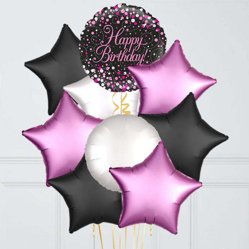 Happy Birthday Pink & Black Foil Balloon Bouquet