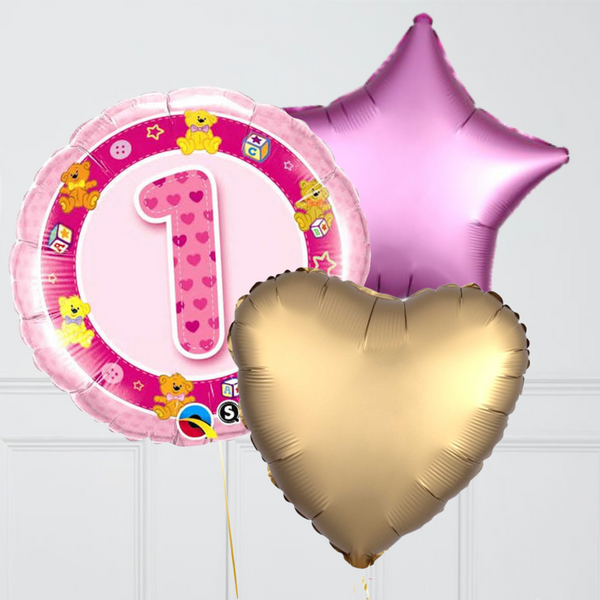 1st Birthday Pink Teddy Bear Foil Balloon Bouquet