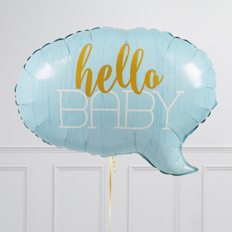 Hello Baby Blue Speech Bubble Inflated Balloon Package